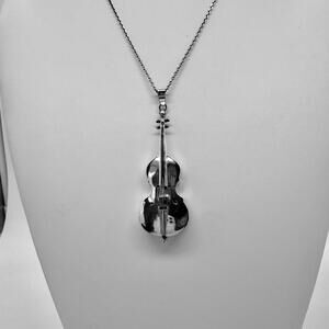 Vintage Sterling Silver Violin Pendant On Sterling Silver chain Necklace.